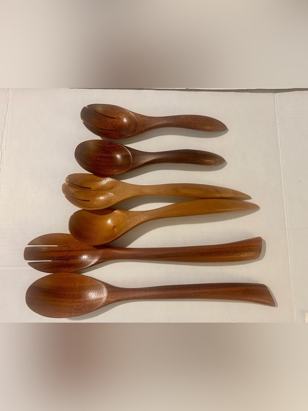 Hand Carved Wood Salad Servers Set Lot Of 3 Pair Fork spoon Teak Acacia serving